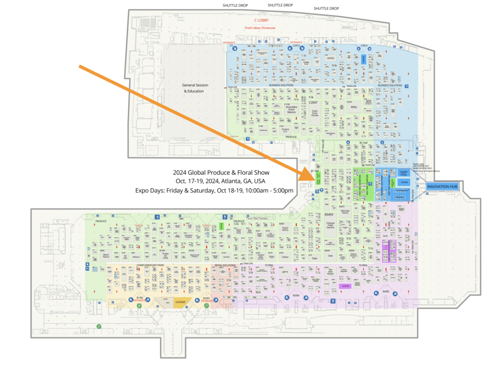 Explore the map of the 2024 Global Produce & Floral Show floor, featuring Smith's Farm and Professional Photography Lounge. Discover the exhibit layout for Oct. 17-19 in Atlanta, GA, USA, with detailed event timings for IFPA 2024 included.